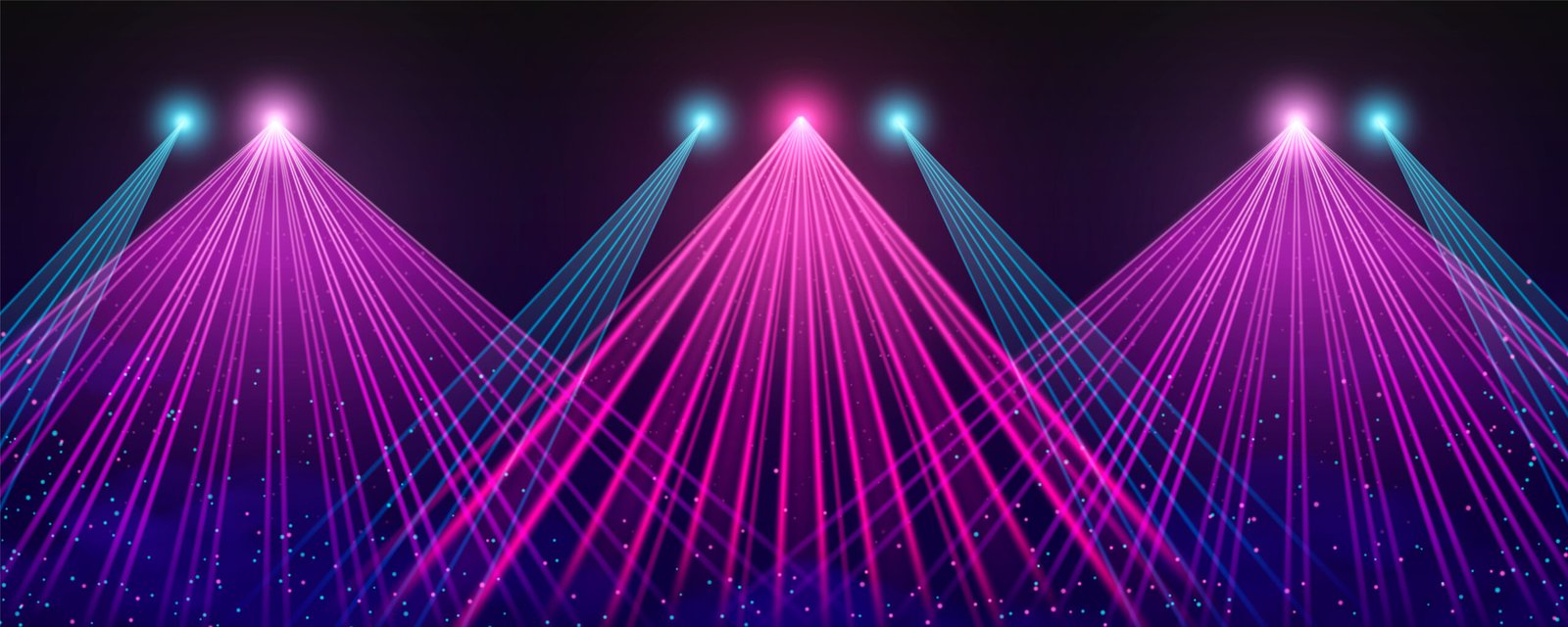 Concert laser lights on stage background. Vector realistic illustration of pink and blue neon illumination for nightclub show, dance party, disco or music show backdrop, podium with shimmering effect